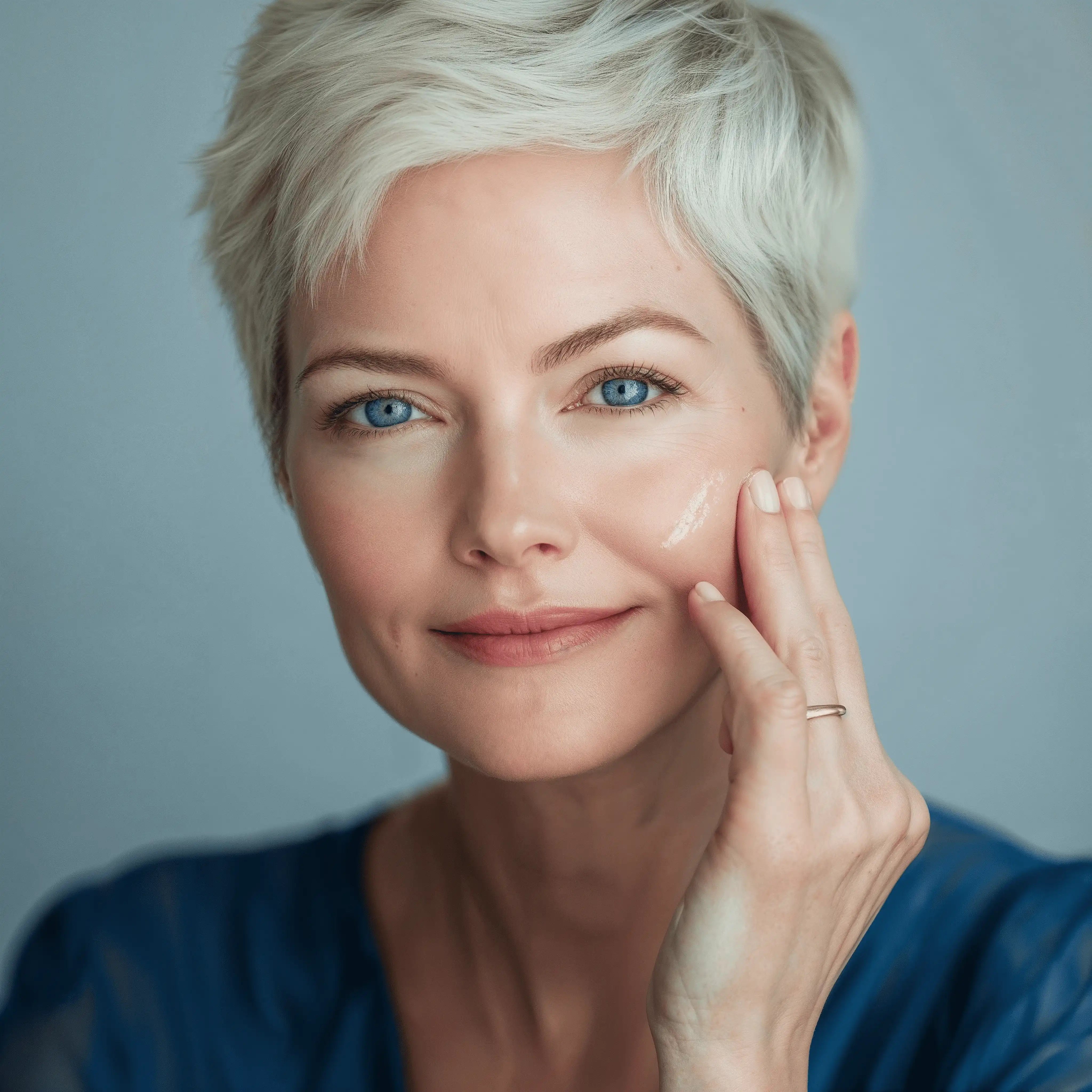 Woman applying facial serum to the cheek, representing anti-glycation skin care and healthy aging