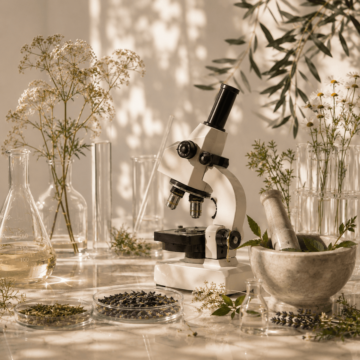 Botanical ingredients and laboratory equipment used to research natural skincare formulations.
