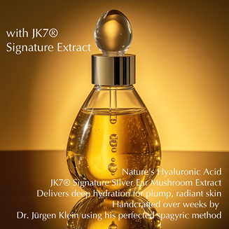 A golden glass bottle of handcrafted Silver Ear Mushroom extract for deep, natural hydration and radiant skin.