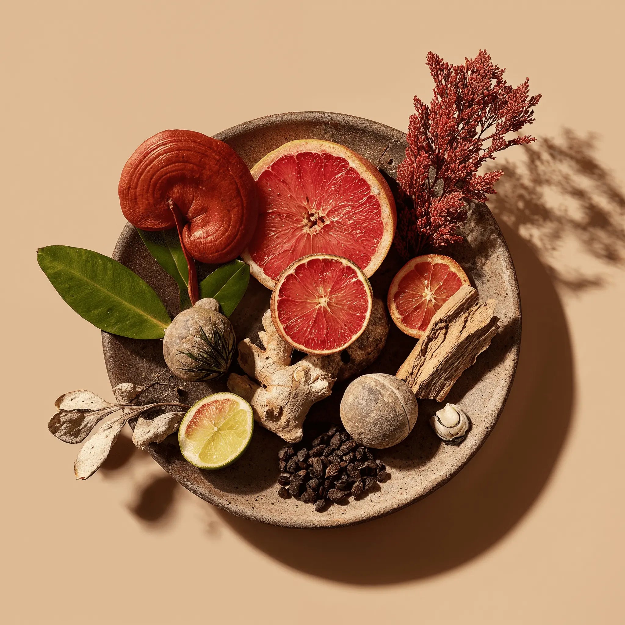Herbal ingredients including a red fruit, lime, and various roots on a beige background