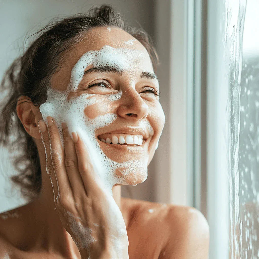 Woman gently cleansing her face with foam, supporting balanced skin pH and healthy acid mantle