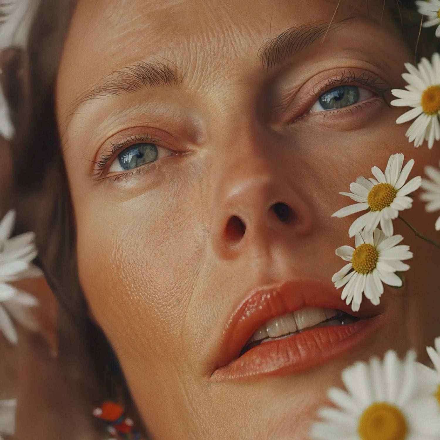 Close-up of mature skin framed by chamomile flowers, symbolizing natural anti-aging care and skin longevity