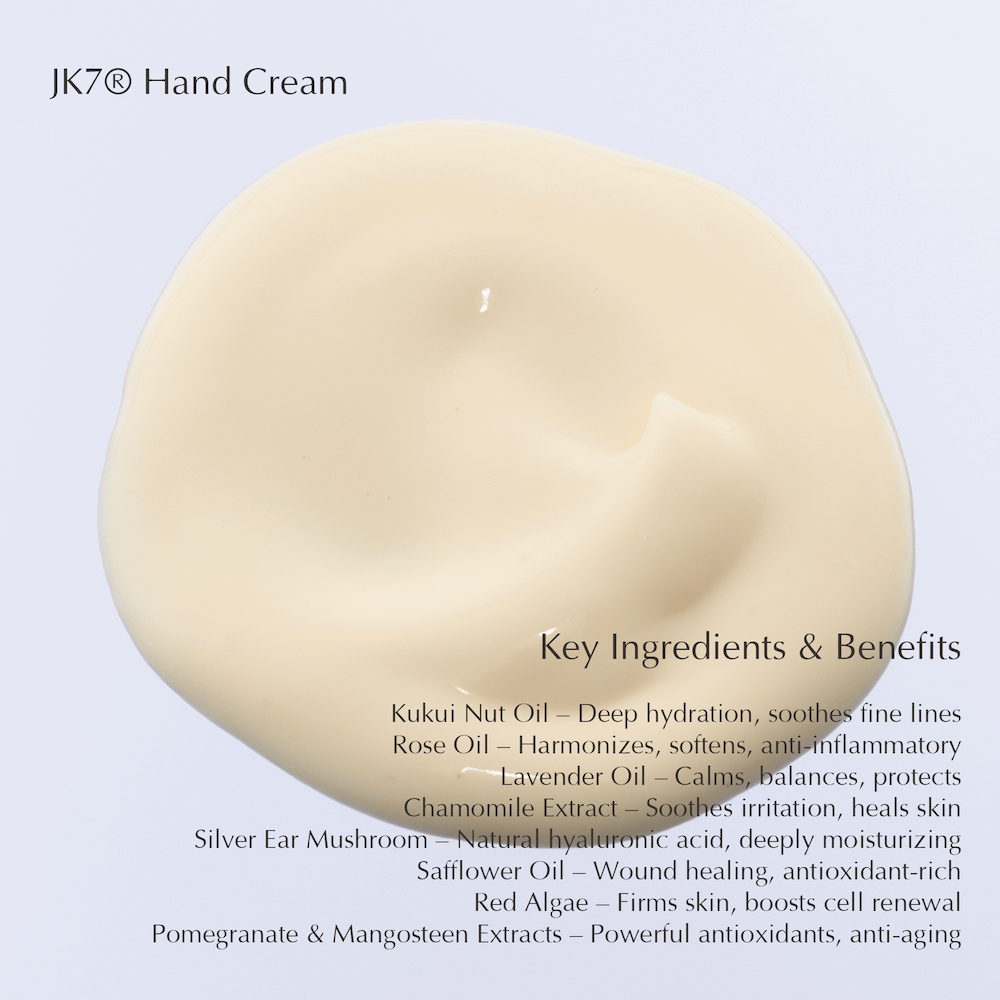 A smooth dollop of JK7 Hand Cream paired with a list of natural key ingredients, including Kukui Nut, Rose, and Lavender oils.