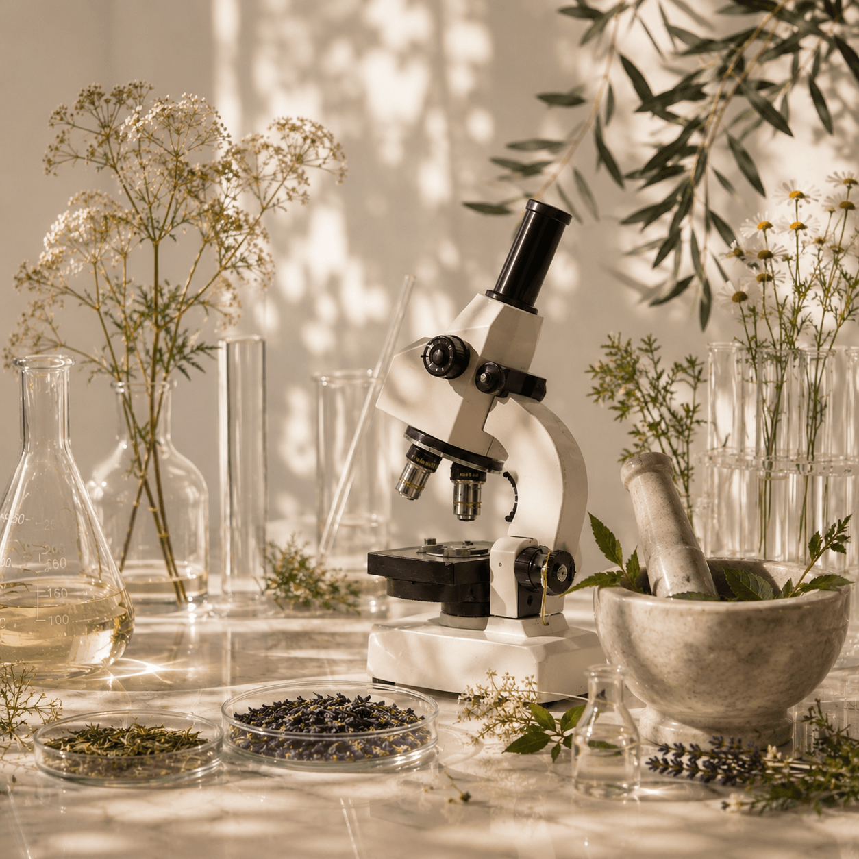 Botanical ingredients and laboratory equipment used to research natural skincare formulations.