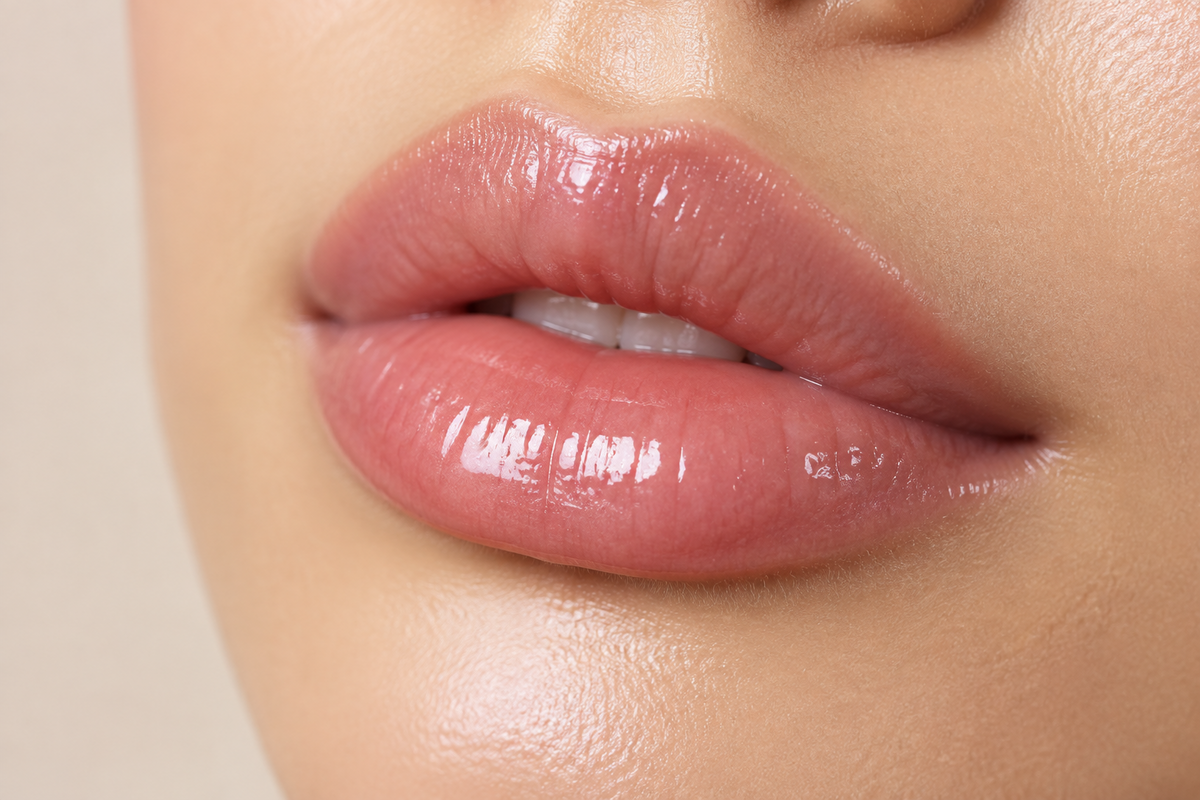 Close up picture of a woman's balmed lips
