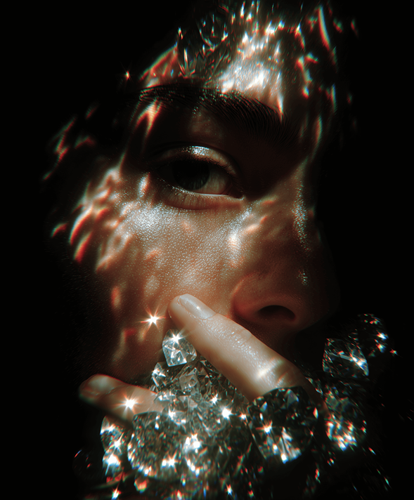Close-up portrait of a woman with sparkling light reflections 