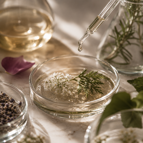 Botanical extract being carefully blended with plant ingredients for natural skincare formulation.