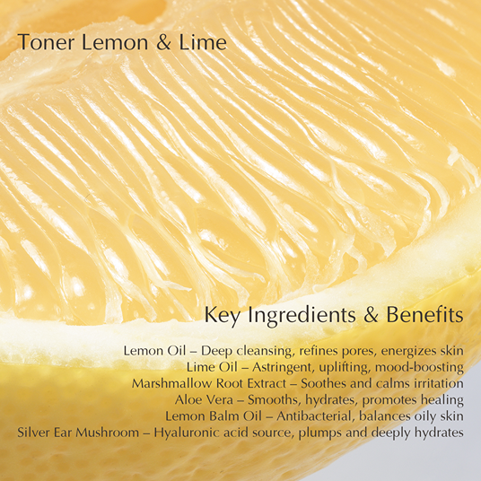 Close-up of a fresh lemon slice detailing the key ingredients of JK7 Mist Toner Lemon & Lime, including lemon and lime oils.