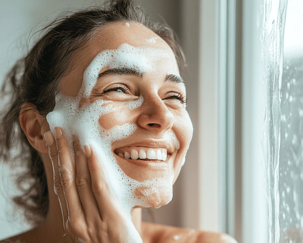 Woman applying facial wash to her face in a bathroom setting