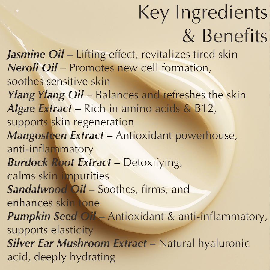 List of key ingredients and benefits for JK7 Rejuvenating Serum, featuring Jasmine, Neroli, and Ylang Ylang oils for lifting and skin regeneration.